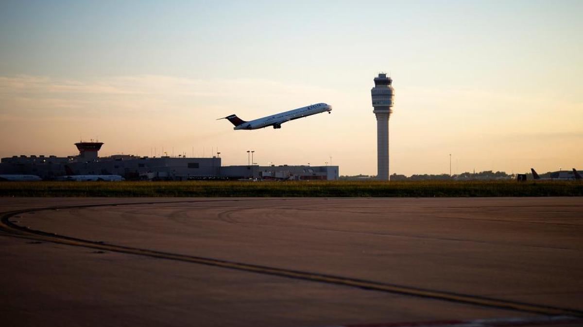 An airplane takes off at Hartsfield-Jackson Atlanta International Airport.