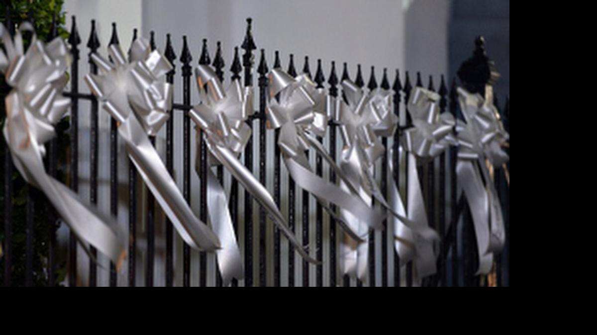 
TRIBUTE: White ribbons commemorating shooting victims on a railing outside Emanuel AME Church in Charleston, South Carolina.
