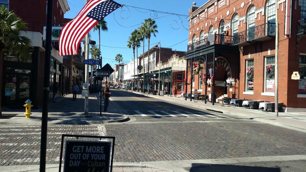 A view of Flag Street in Ybor City, an historic neighborhood in Tampa populated by thousands of immigrants, many from Cuba. Factories here produced millions of cigars annually.