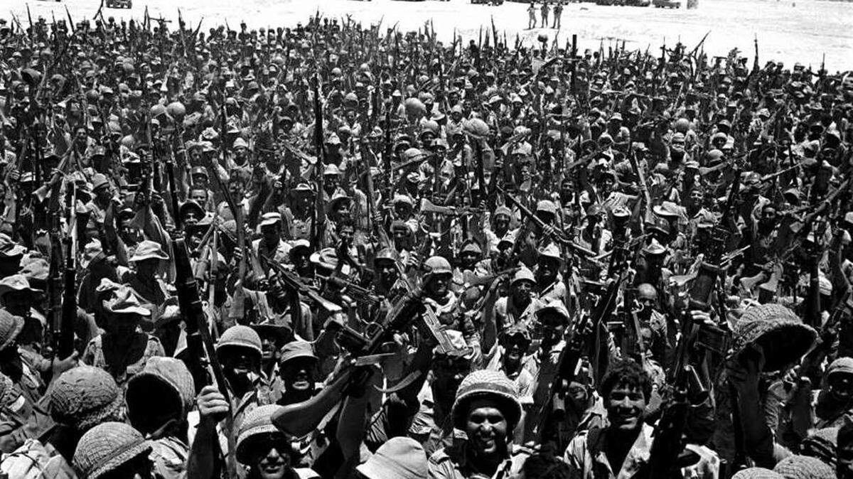 Jubilant Israeli troops in Sinai, Egypt, during the Six-Day War, in which several Arab armies were defeated.