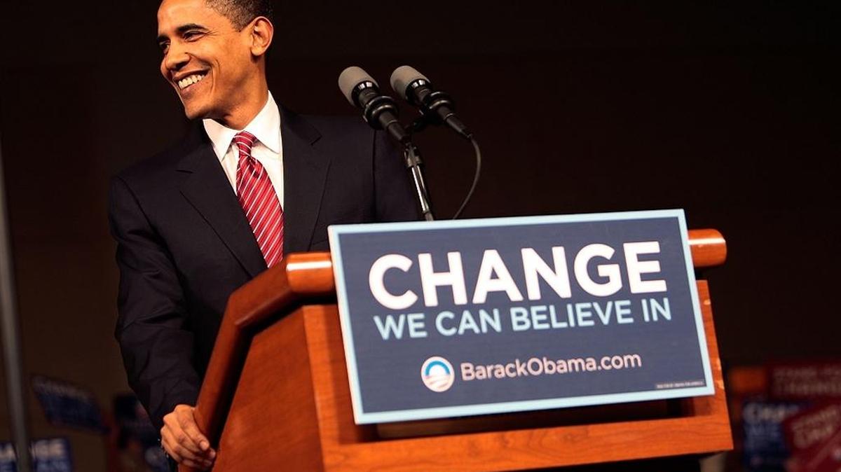 In 2008, presidential candidate Barack Obama takes the lectern at his victory rally after winning the South Carolina Democratic primary