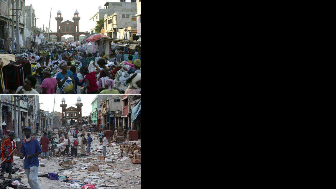 
FIVE YEARS LATER: Downtown Port-au-Prince, Haiti, on December 29, 2014 (top) and January 14, 2010, two days after it was hit by the eartkquake (bottom). 
