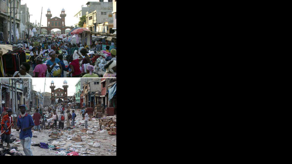 
FIVE YEARS LATER: Downtown Port-au-Prince, Haiti, on December 29, 2014 (top) and January 14, 2010, two days after it was hit by the eartkquake (bottom). 
