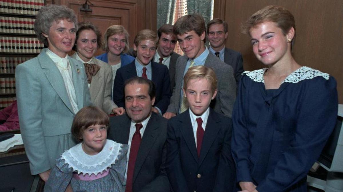 Supreme Court Justice Antonin Scalia with his family in 1986. Front row, from left: Margaret Jane; Justice Scalia, Christopher and Mary. In the back, from left: Mrs. Scalia, Ann Forrest, Elizabeth, Matthew, Eugene, John and Paul.