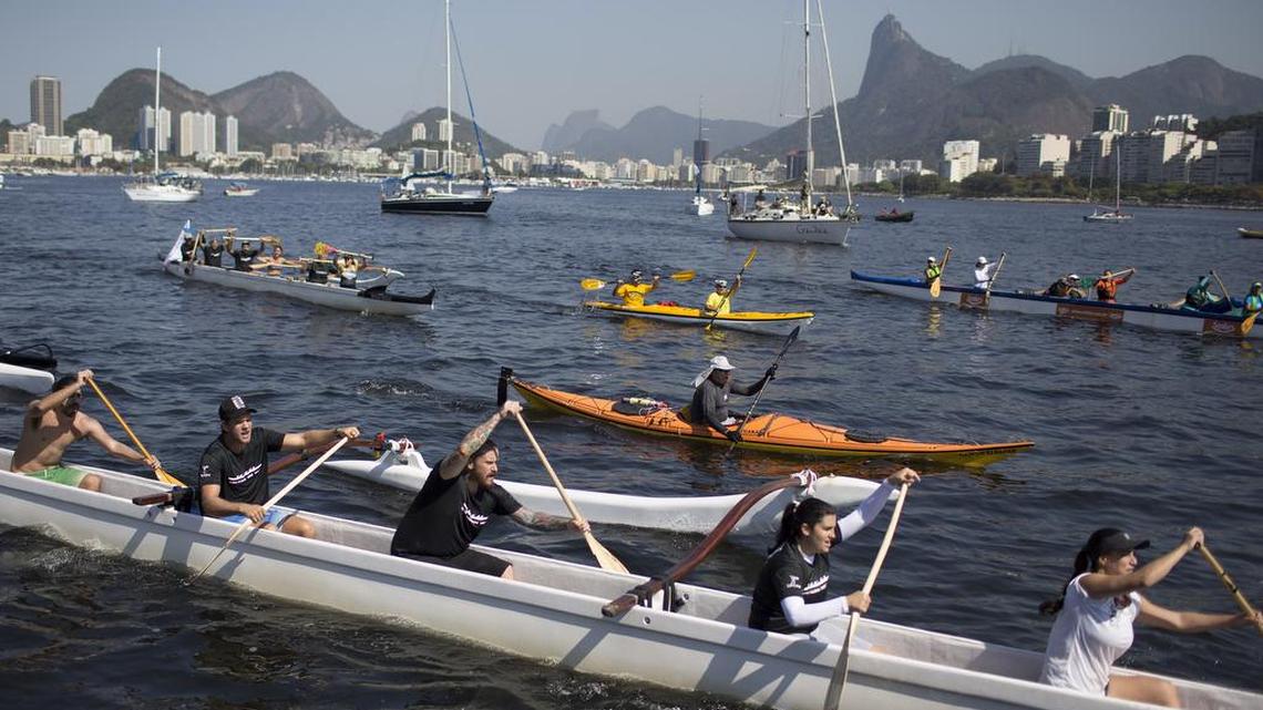 
POLLUTION PROTEST: Brazilians seeking to call attention to the contamination of Guanabara Bay in Rio de Janeiro, an Olympics sailing venue, staged a protest last weekend. 
