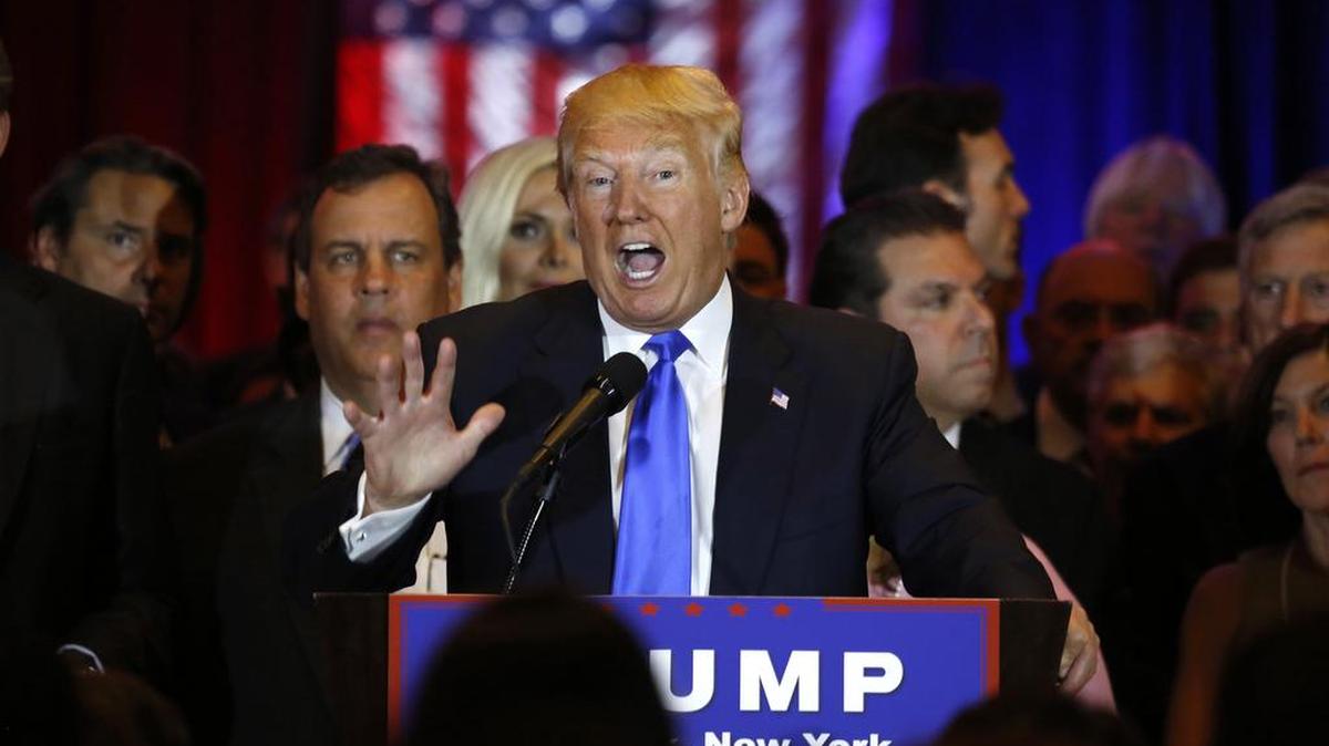 Donald Trump spoke to reporters after blowout victories in five states primaries on Tuesday.
