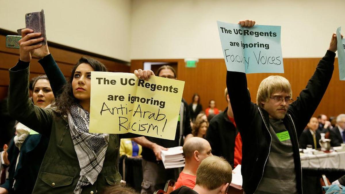 In March, students at a University of California Board of Regents meeting in San Francisco accused the board of trying to stifle opposition to Israeli policies.
