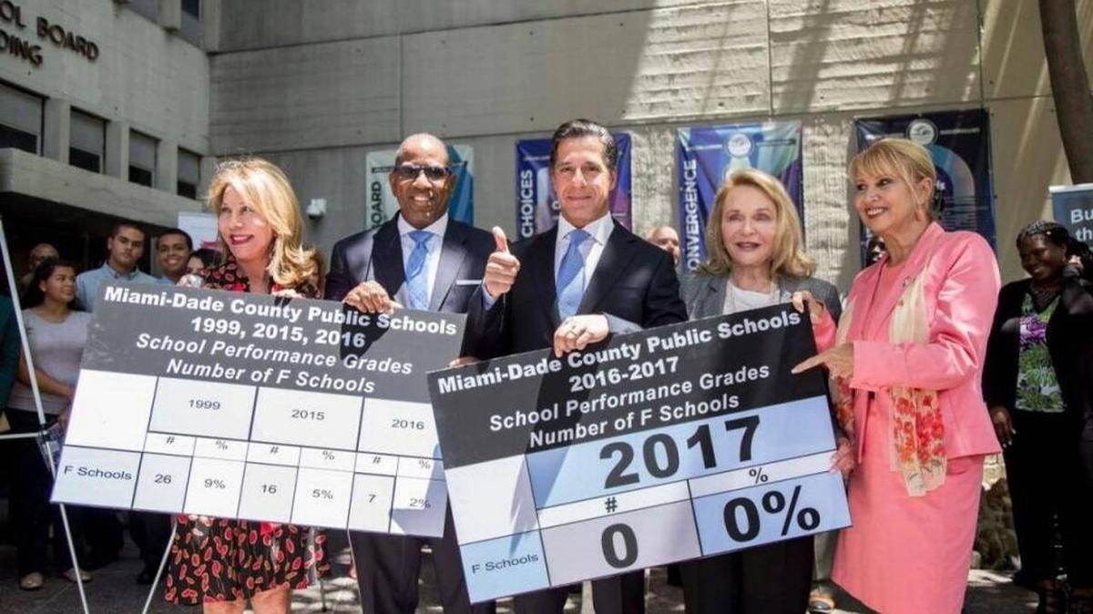 Miami-Dade schools chief Alberto M. Carvalho, center, and School Board members tout the announcement that there were no F schools.
