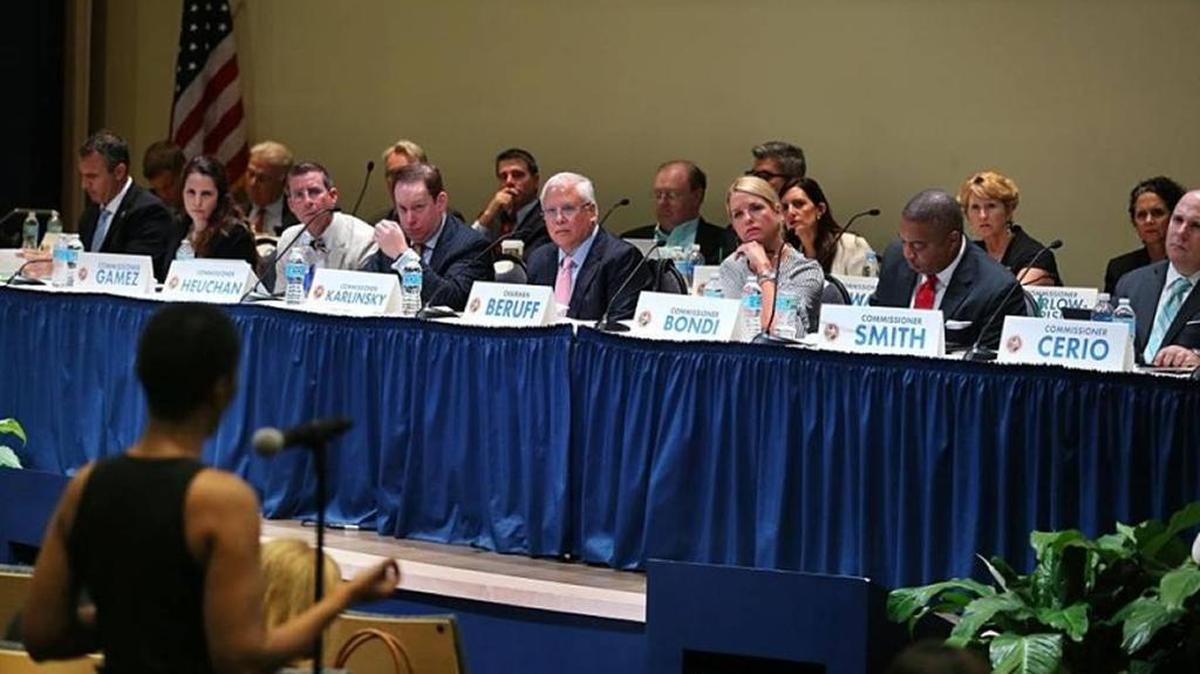 The members of the Constitution Revision Commission listen to a speaker at a public meeting.