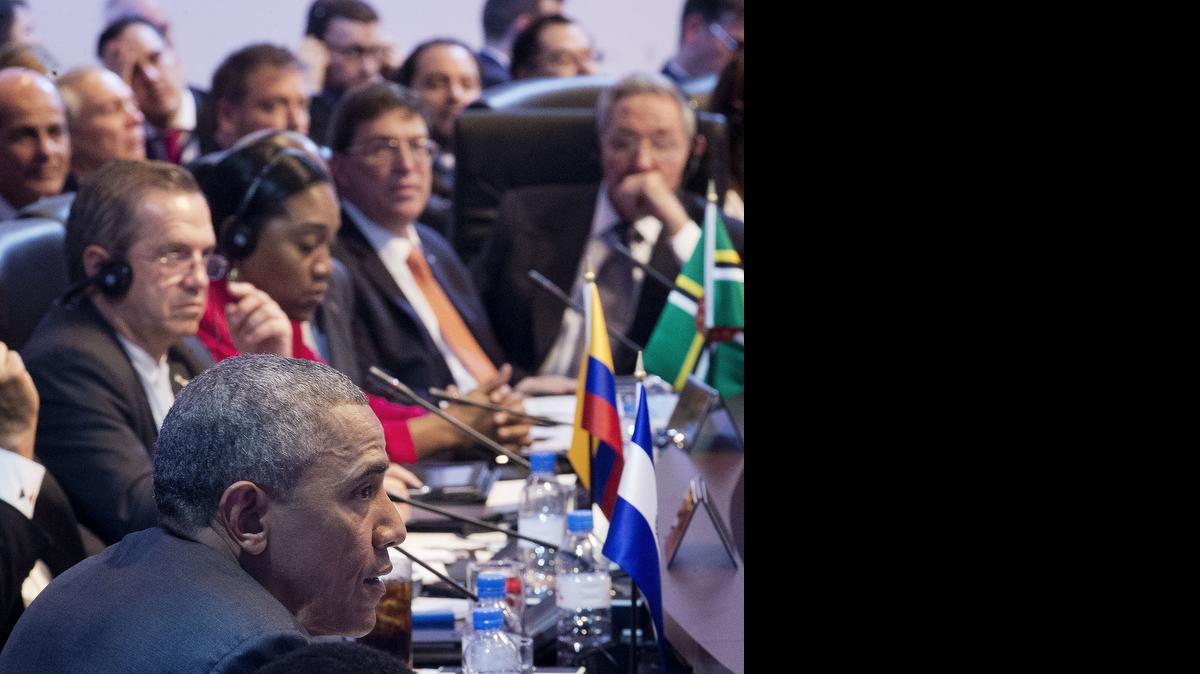
AT THE SUMMIT: President Obama spoke to regional leaders at the opening plenary of the Summit of the Americas in Panama City in April. Cuban President Raúl Castro, upper right, was among the listeners.
