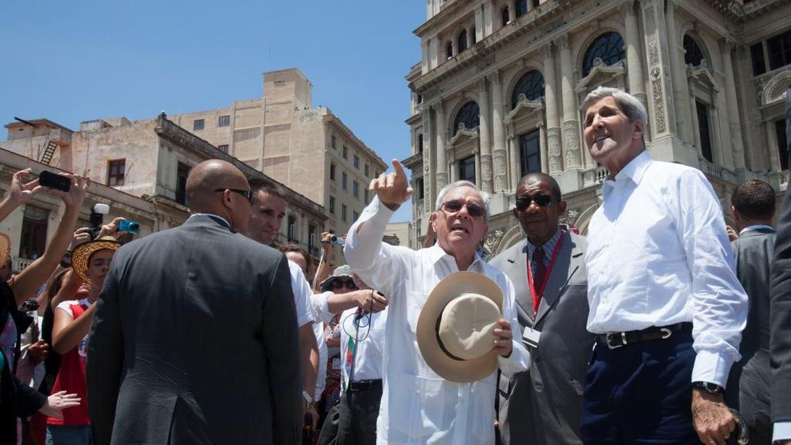 Havana historian Eusebio Leal escorts U.S. Secretary of State John Kerry around Old Havana during a tour of the city last year.