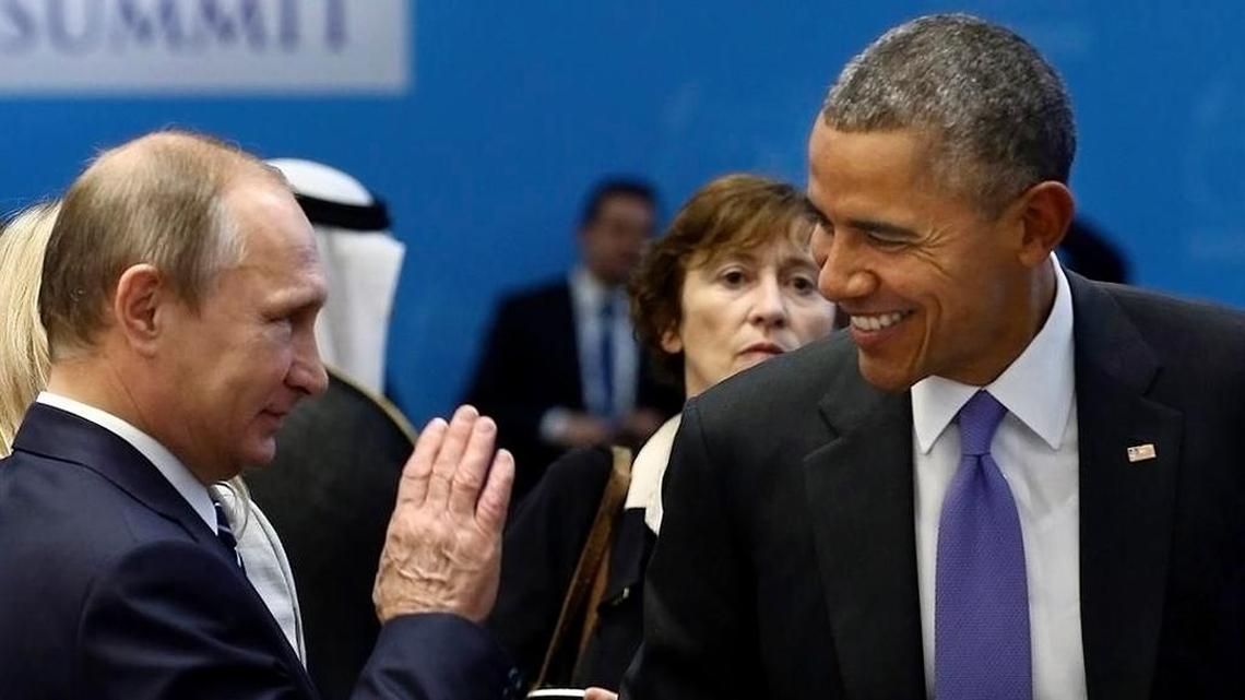 President Obama talks with Russian President Vladimir Putin, before a session of the G-20 Summit in 2015 in Antalya, Turkey.