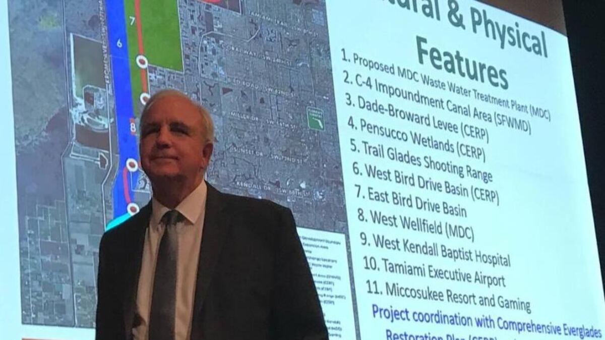 Miami-Dade Mayor Carlos Gimenez presides over a town hall in West Kendall about a transportation plan he endorses: extending the Dolphin Expressway southwest into West Kendall.