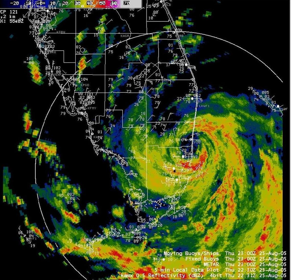 Radar image shows Hurricane Katrina making landfall in Florida in 2005.