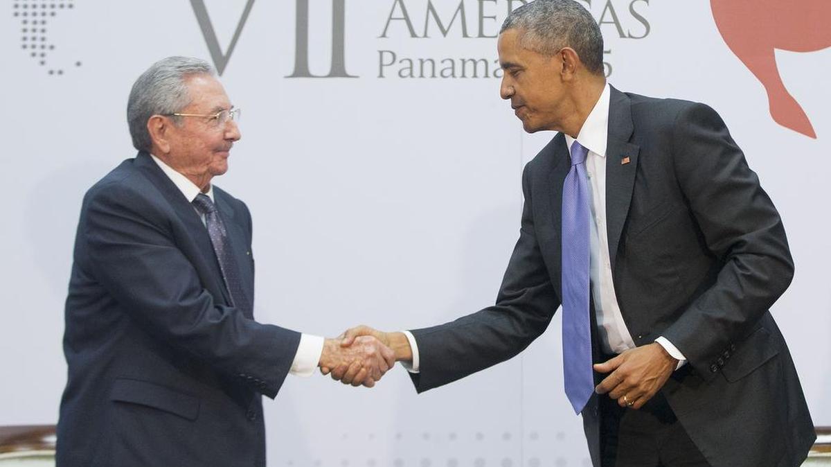 
HANDS EXTENDED: President Obama and Cuban President Raul Castro met at the Summit of the Americas in Panama in April.
