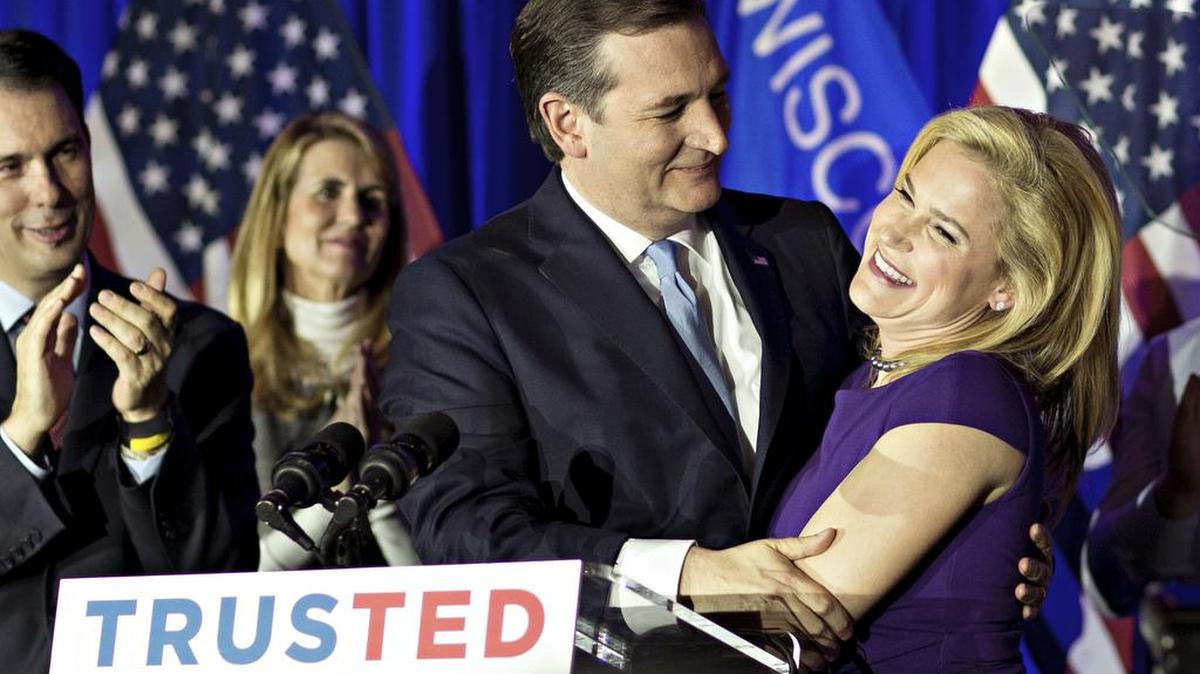 Sen. Ted Cruz embraces his wife as they celebrate his GOP primary victory in Wisconsin.