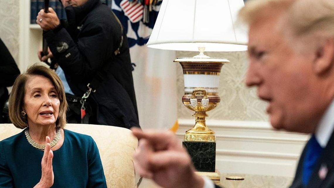 Newly elected House Majority Leader Nancy Pelosi jousts with President Trump over funding for a border wall in an Oval Office meeting on Tuesday.