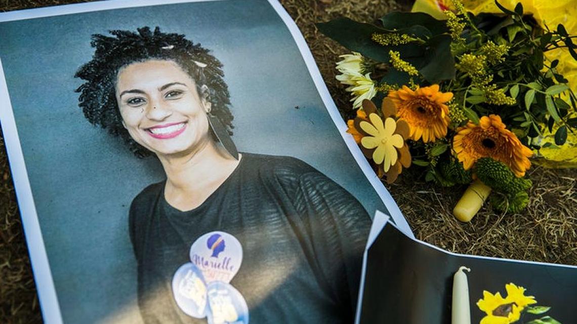 A makeshift memorial was created during a protest of Brazilian expats in Berlin, Germany, against the killing of Rio de Janeiro councilwoman and activist Marielle Franco.