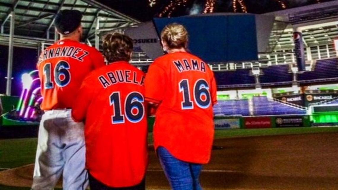 José Fernández and his mother and grandmother watch a fireworks show at Marlins Park.