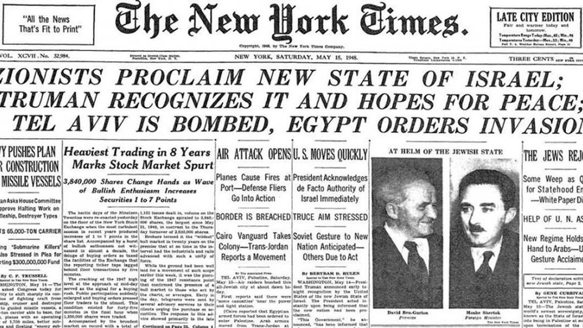 The New York Times front page on May 15, 1948.