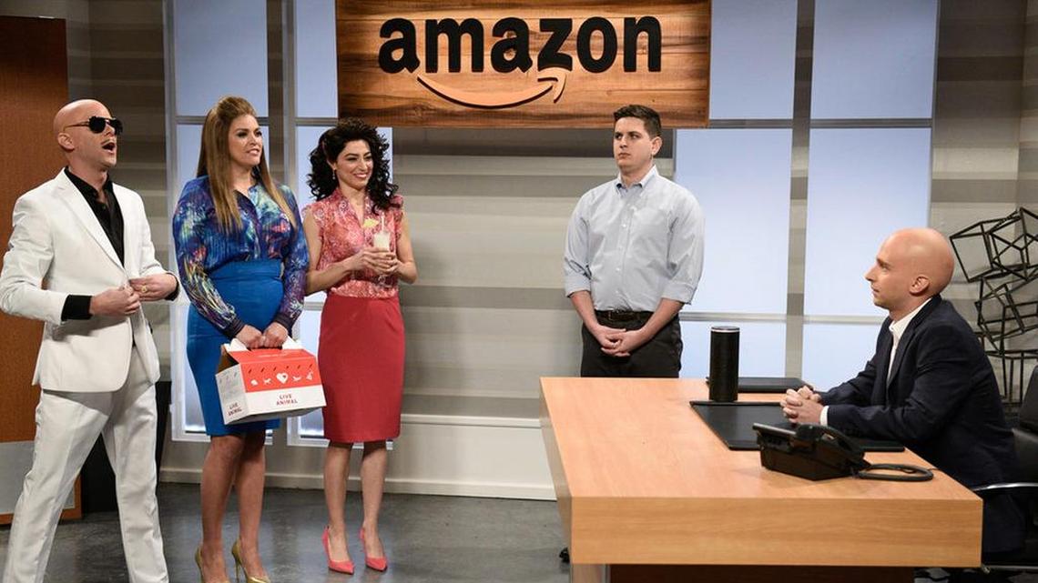 In a hilarious SNL skit, Pitbull, played by Mikey Day, urges Amazon CEO Jeff Bezos to pick Miami as the site of HQ2.
