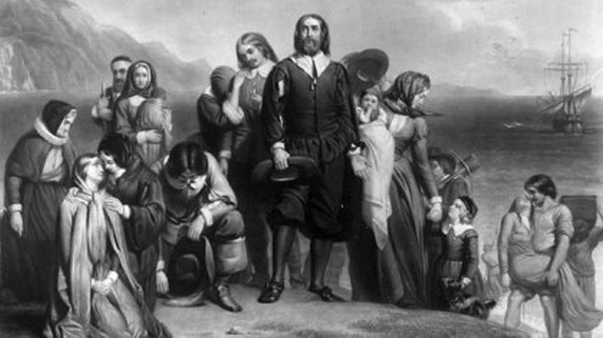 Painting by Charles Lucy depicts pilgrims arriving on the Mayflower and landing in New England.