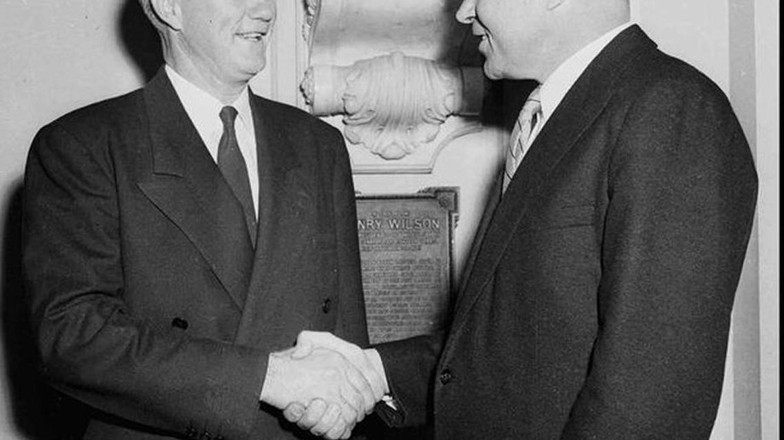 In 1955, Richard Nixon, then vice president, congratulates new Sen. Strom Thurmond. Nixon, as president, relied on Thurmond to help him win Southern white voters.
