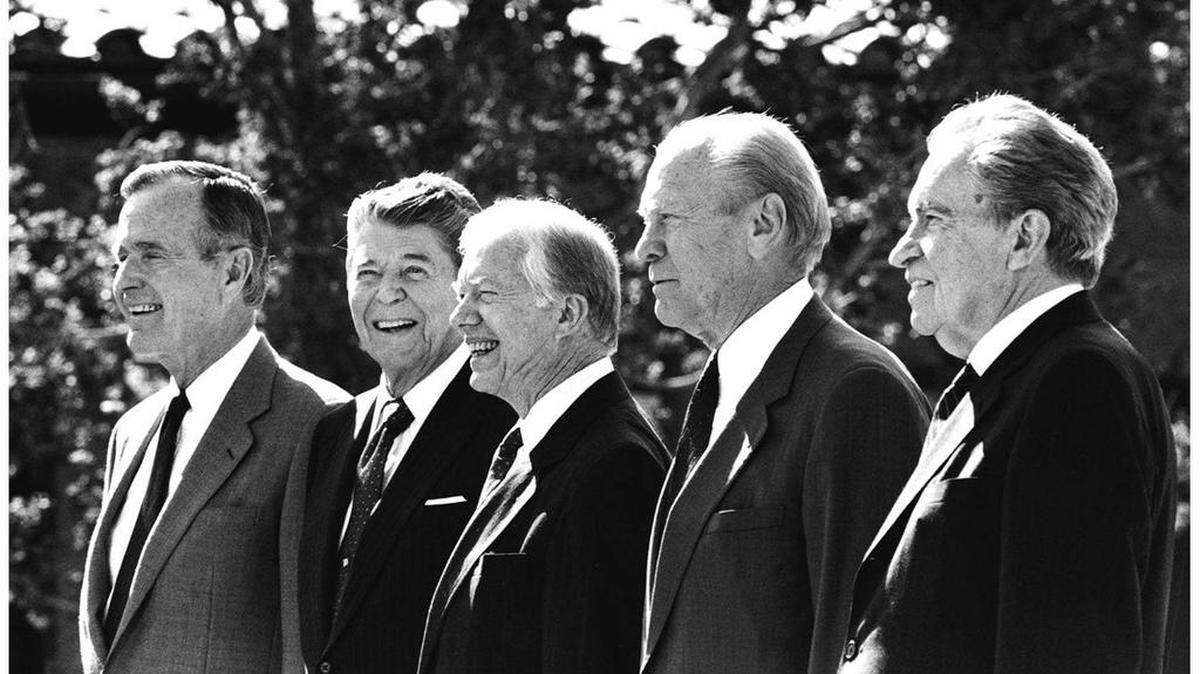 George W. H. Bush, far left, and the president that preceded him. Only Ronald Reagan and Richard Nixon were two-term presidents.