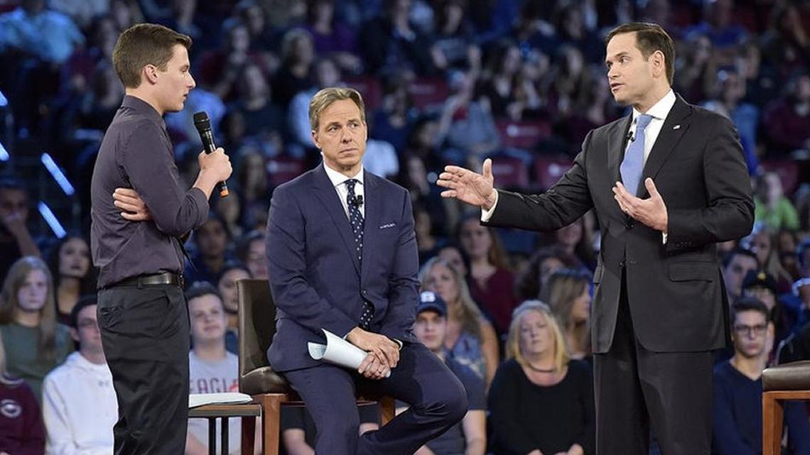 Marjory Stoneman Douglas student Cameron Kasky asked Sen. Marco Rubio whether he will continue to accept money from the NRA at a CNN town hall meeting on Wednesday, Feb. 21, 2018.