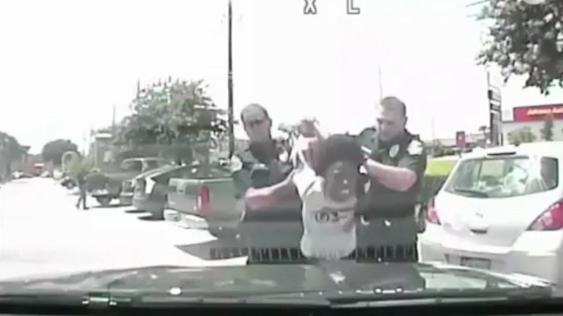 Dashcam photo of Breaion King, the black Texas teacher who was thrown to the ground by a white officer during the traffic stop, and then told by another white officer on the way to jail that blacks have “violent tendencies.”