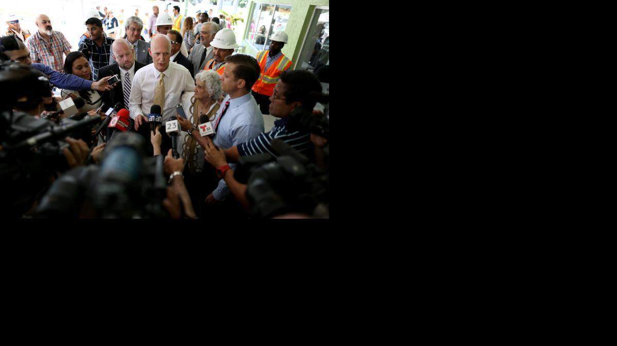 
IN DENIAL: Gov. Rick Scott told reporters during a visit to Hialeah that he never issued orders banning the use of “climate change” or “global warming” in official state communications, reports or emails.
