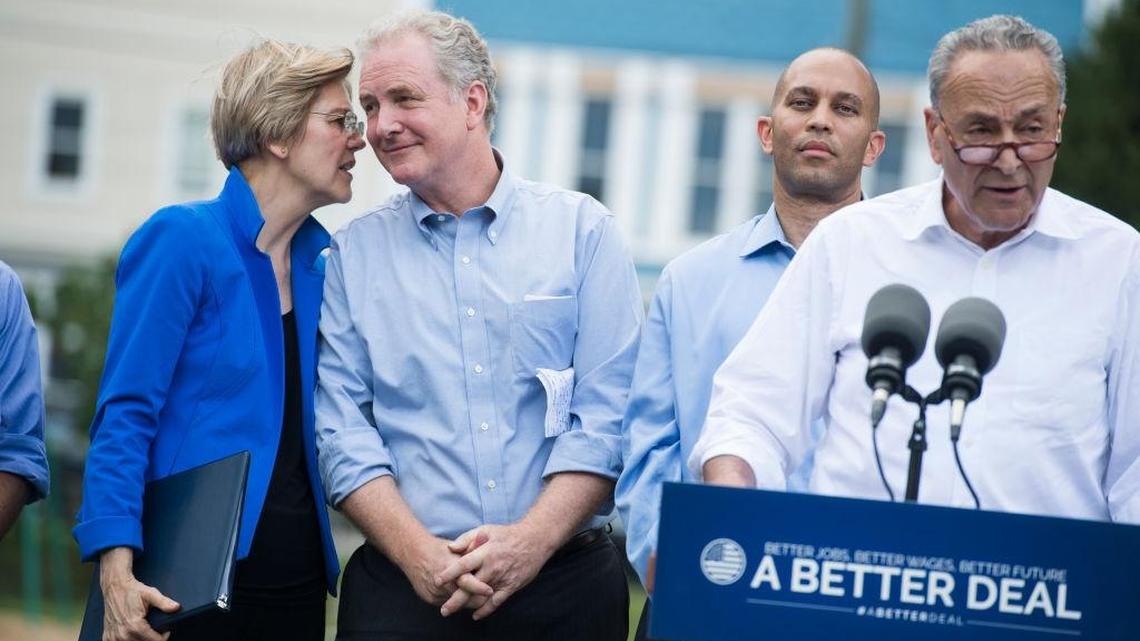 UNITED STATES - JULY 24: From left, Sens. Elizabeth Warren, D-Mass., Chris Van Hollen, D-Md., Rep. Hakeem Jeffries, D-N.Y., and Senate Minority Leader Charles Schumer, D-N.Y., attend a rally with House and Senate Democrats to announce “A Better Deal” economic agenda in Berryville, Va., on July 24, 2017. The plan aims to increase wages and lower expenses for Americans. (Photo By Tom Williams/CQ Roll Call)