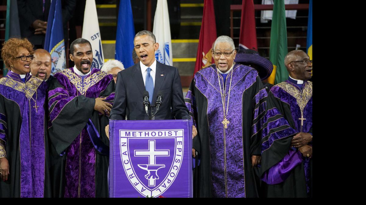 
AMAZING MOMENT: President Barack Obama sang “Amazing Grace” during services honoring the life of Rev. Clementa Pinckney at the Charleston funeral service last week.
