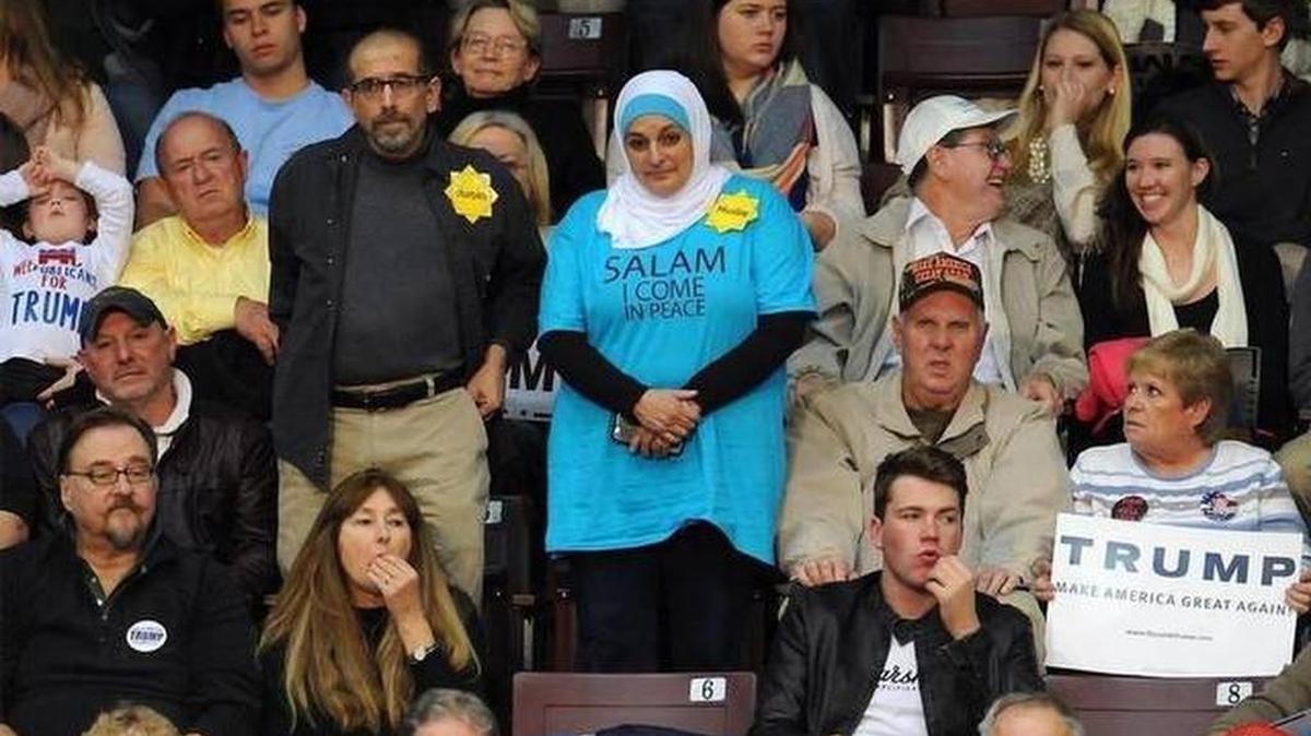 Flight attendant Rose Hamid stages a silent protest at a South Carolina rally for Donald Trump.
