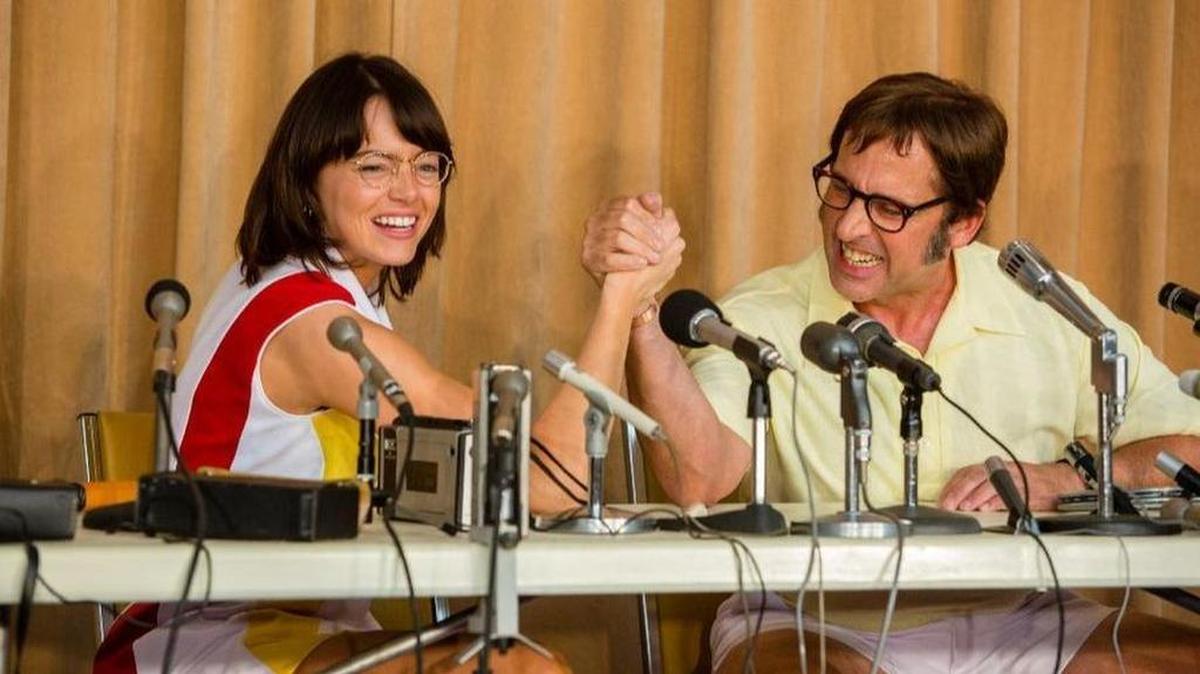 Emma Stone stars as Billie Jean King and Steve Carell plays Bobby Riggs in “Battle of the Sexes.”