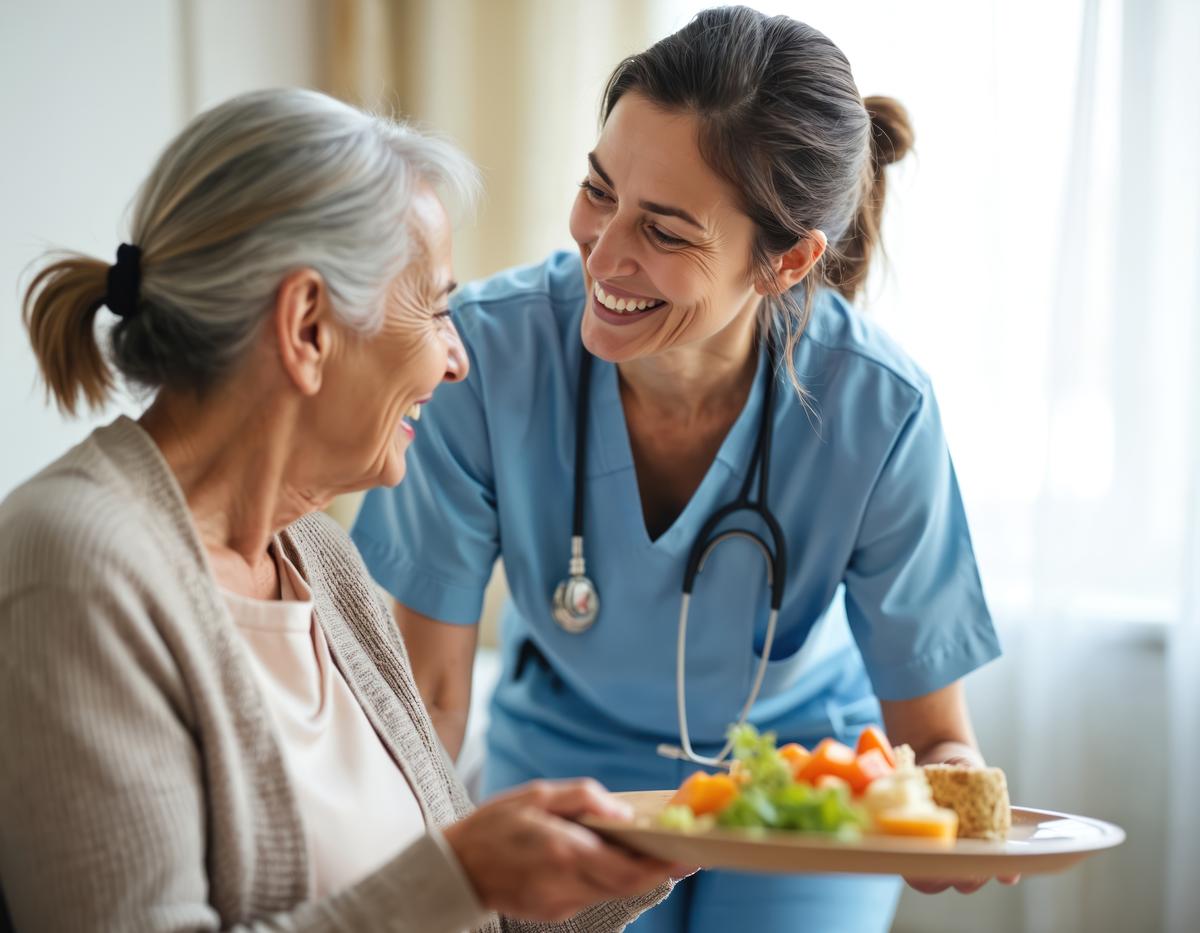 Nurse serves elderly woman lunch. Caregiver brings food, support patient at home. Senior lady eats meal, smiles, recovers. Doctor, home care, health, nursing medical assistance.