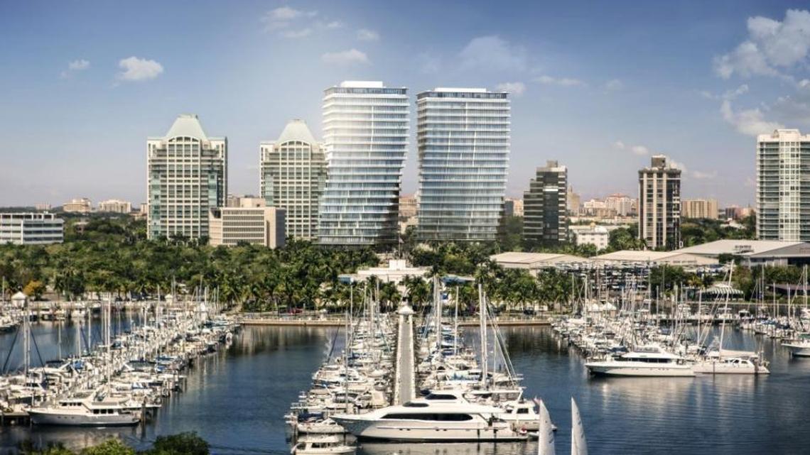 a rendering of Terra's twisting towers at the Grove at Grand Bay in Coconut Grove.