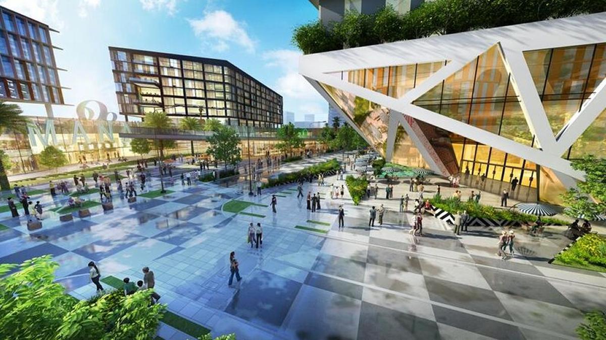 A conceptual rendering shows how developer Moishe Mana hopes to cluster modern industrial-style buildings around an expansive public square on a large tract in Wynwood.