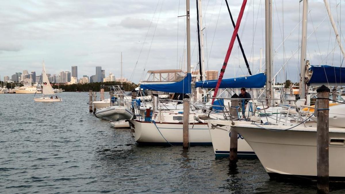 In this Jan. 16, 2018, photo, with the skyline of Miami on the horizon, boats are docked at Dinner Key Marina in the Coconut Grove neighborhood of Miami.