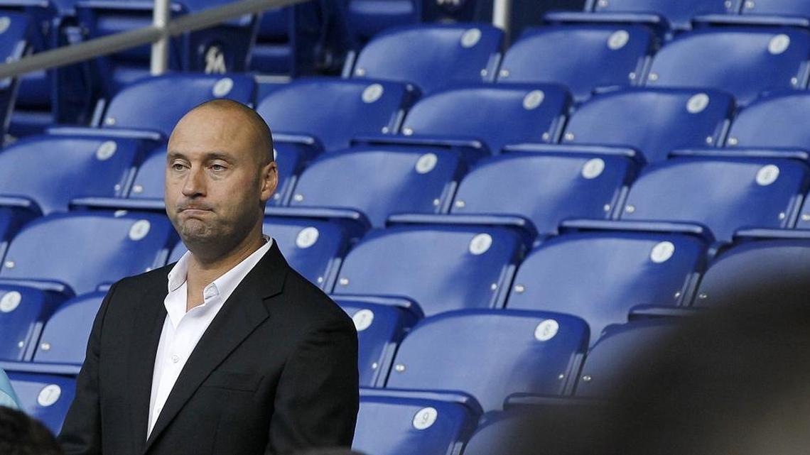 Marlins CEO Derek Jeter during a special presentation to unveil the 25th Anniversary logo to current Season Ticket Members who have had an account since 1993 and to reveal details regarding the recognition of the franchise's 25th anniversary at Marlins Park in Miami on Tuesday, Feb. 6, 2018.