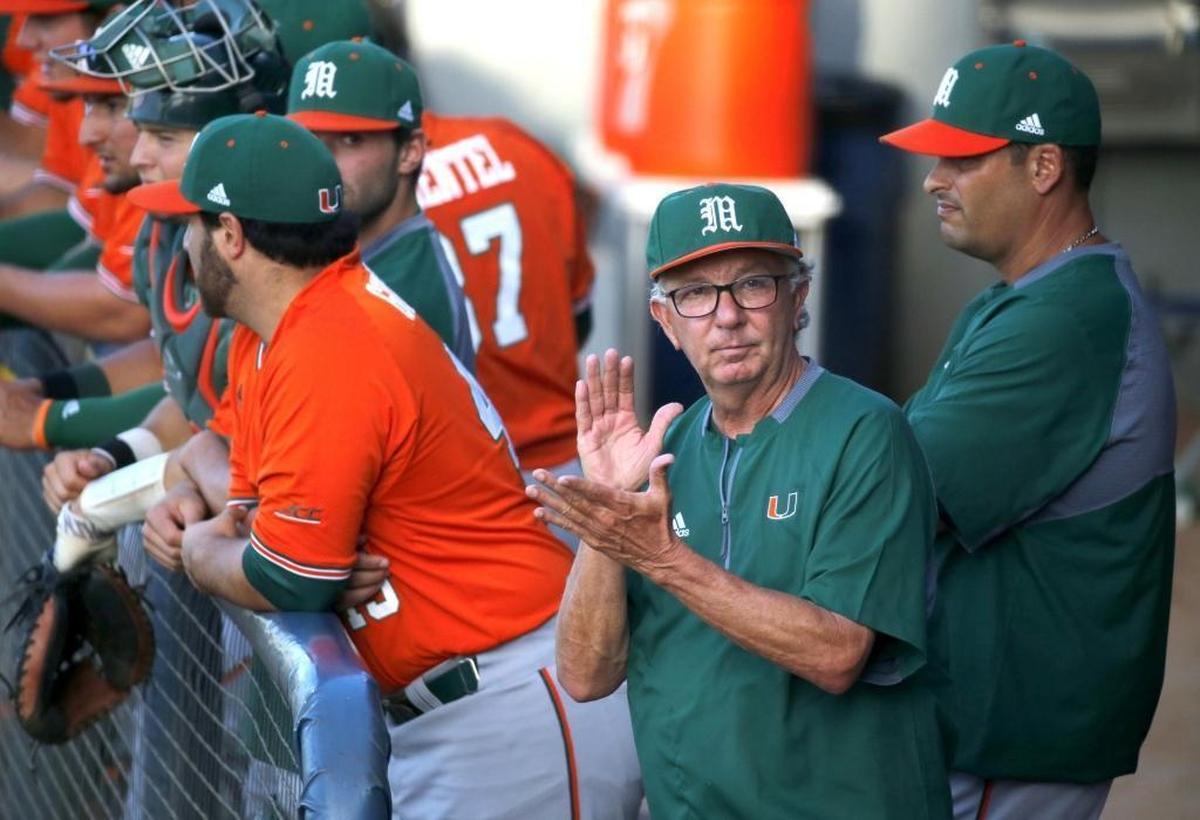 University of Miami head coach Jim Morris in the dugout as Florida International University hosts the University of Miami at FIU Baseball Stadium, on Tuesday, April 25, 2017.