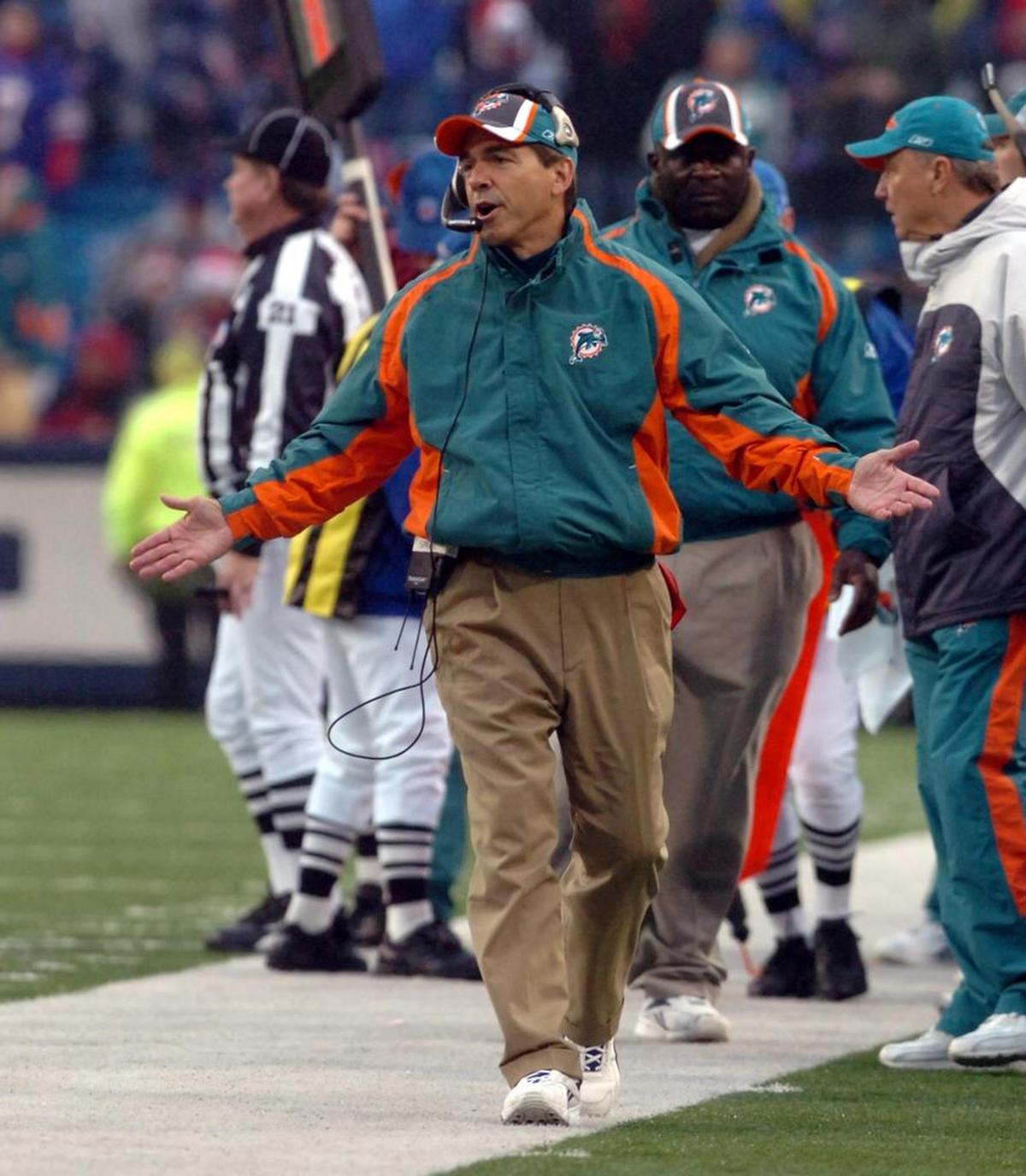 Miami Dolphins coach Nick Saban on the sidelines in Buffalo.