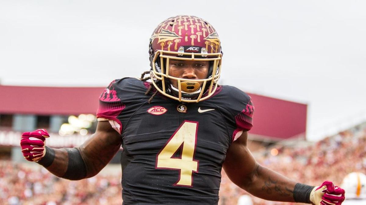 Florida State running back Dalvin Cook celebrates a touchdown run in the first half of an NCAA college football game against Chattanooga in Tallahassee, Fla., Saturday, Nov. 21, 2015.