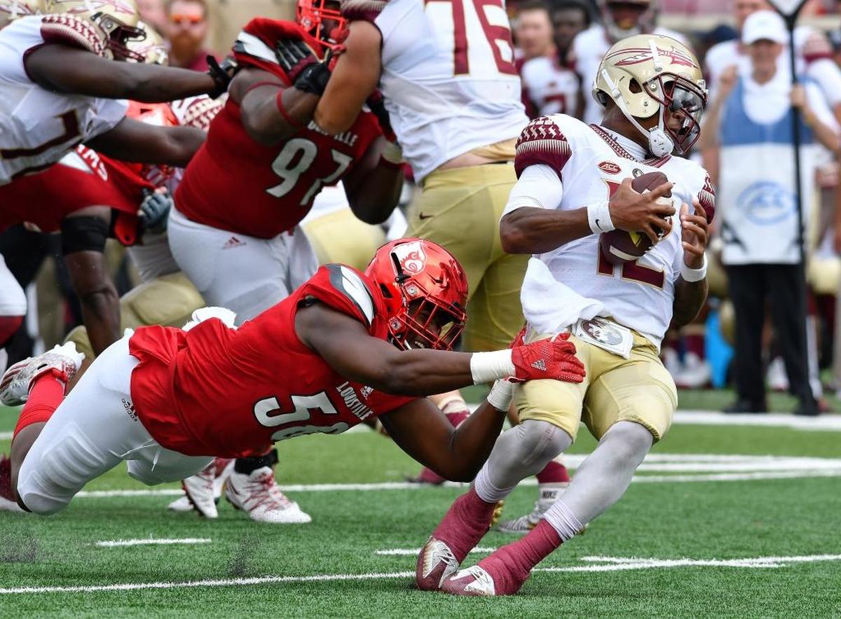 Florida State quarterback Deondre Francois is sacked by Louisville linebacker Jonathan Greenard on Sept. 17, 2016. Louisville won 63-20.