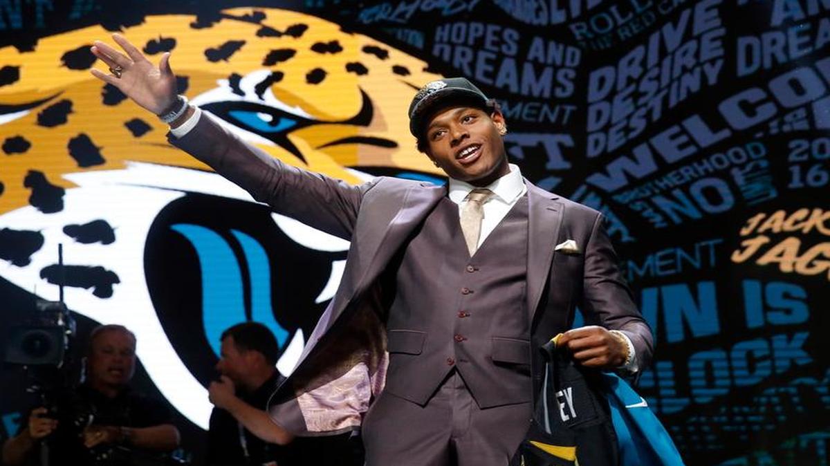 Jalen Ramsey poses after the Jaguars picked him at No. 5.