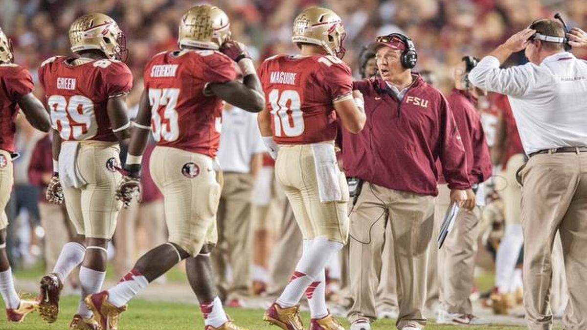 
Head coach Jimbo Fisher of the Florida State Seminoles talks to Sean Maguire (10) during the second half against the Idaho Vandals at Doak Campbell Stadium on November 23, 2013 in Tallahassee, Florida. The Seminoles beat the Vandals 80-14.
