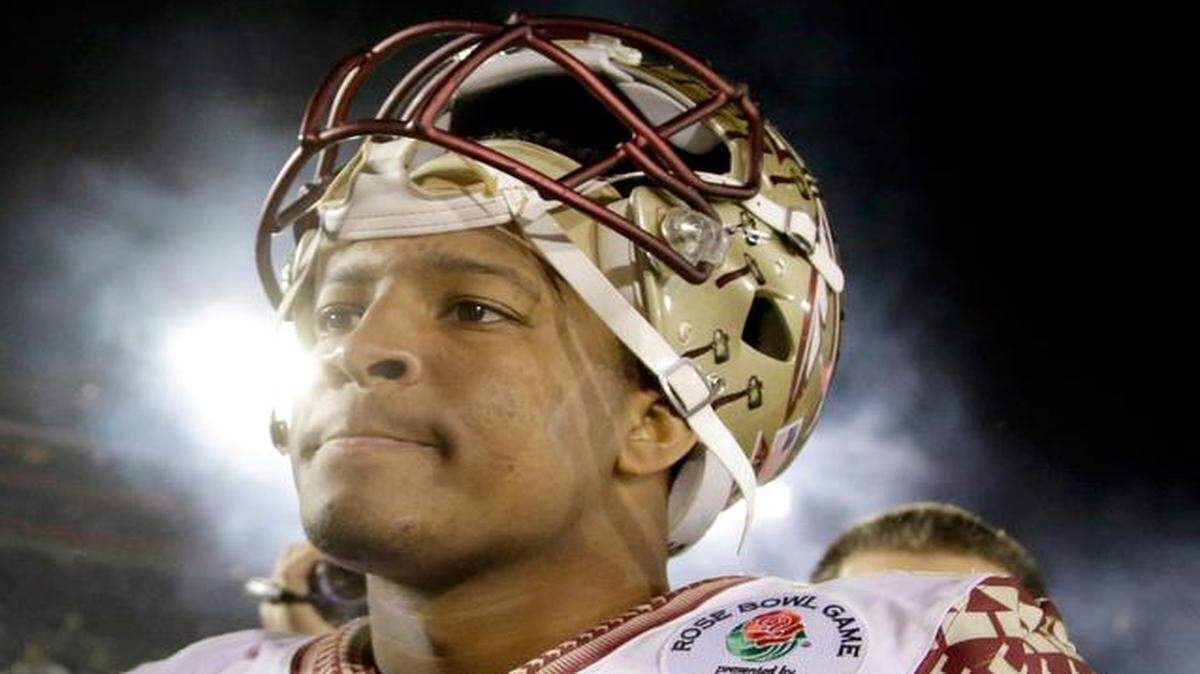 
Quarterback Jameis Winston (5) of the Florida State Seminoles reacts after losing 59-20 to the Oregon Ducks in the College Football Playoff Semifinal at the Rose Bowl Game presented by Northwestern Mutual at the Rose Bowl on January 1, 2015 in Pasadena, California.
