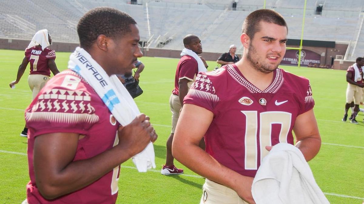 
Notre Dame transfer Everett Golson, left, edged Sean Maguire in the battle to replace Jameis Winston as starting quarterback for Florida State to open the 2015 season. 
