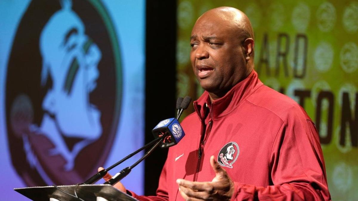 Florida State head coach Leonard Hamilton answers a question during the Atlantic Coast Conference men's NCAA college basketball media day in Charlotte, N.C., Wed., Oct. 25, 2017.
