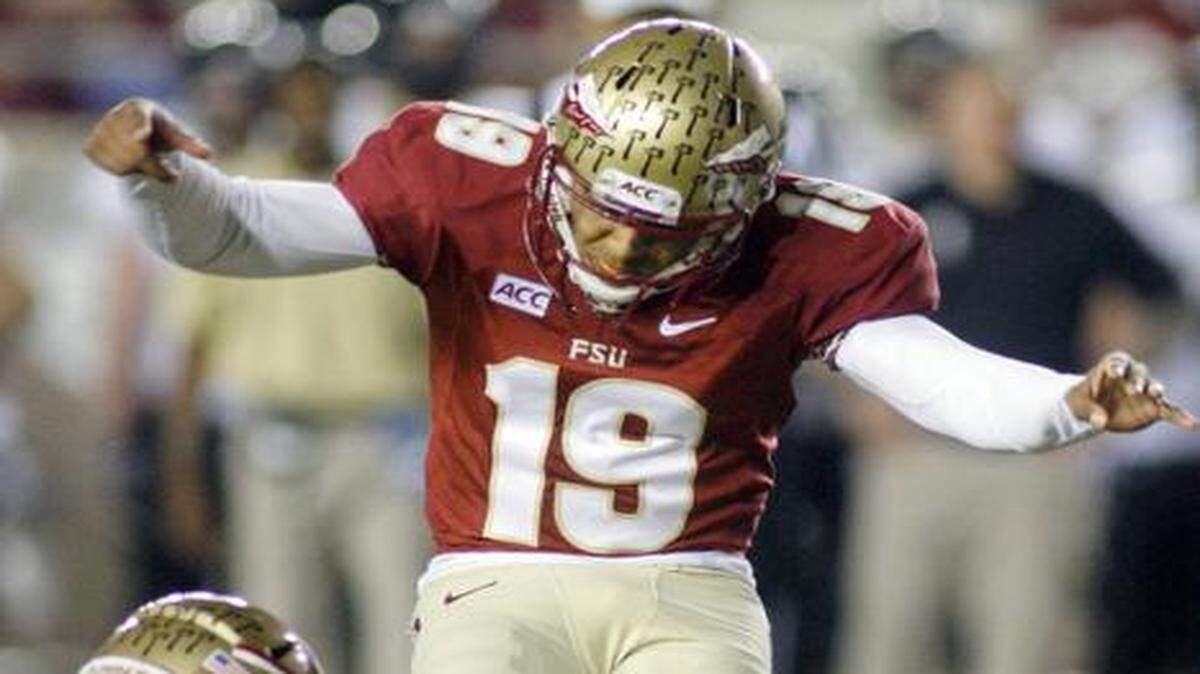 
 In this Saturday, Nov. 23, 2013 file photo, Florida State kicker Roberto Aguayo (19) ties an FBC record of 78 consecutive extra points in a season with this extra point in the fourth quarter of an NCAA college football game against Idaho in Tallahassee, Fla. Florida State’s Roberto Aguayo sometimes roots against the Seminoles’ offense. The thoughts aren’t selfish, just part of a mindset that has him poised to become the most accomplished kickers in school history and one of the best ever in college football, Thursday, Sept. 11, 2014. 
